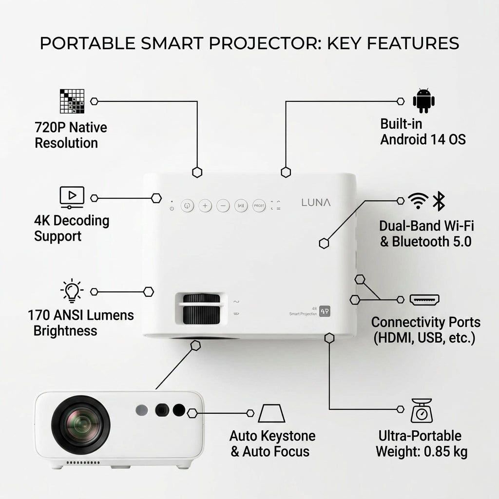 Portable Smart Projector – Android 14, Wi-Fi, Bluetooth & Auto Keystone | GadgetMall