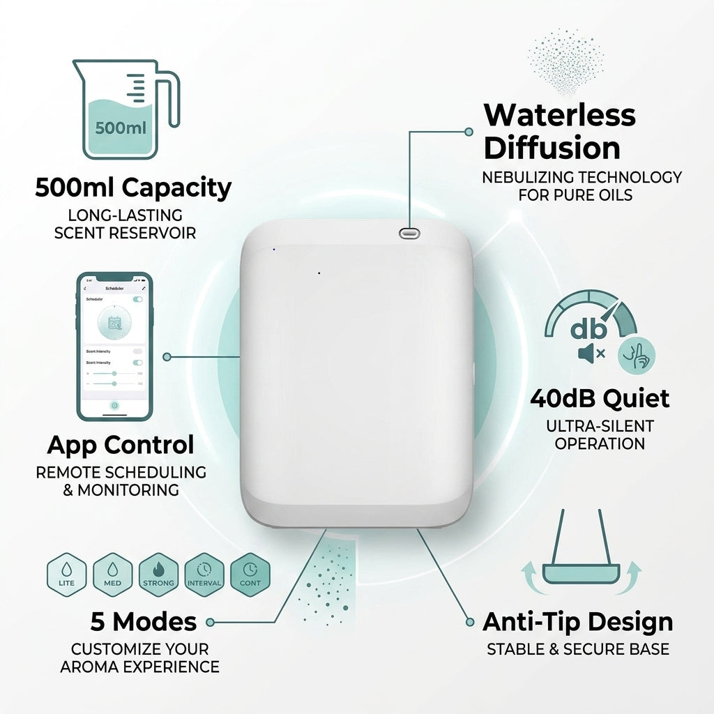 Smart Waterless Aroma Diffuser – 500ml, App-Controlled, 40dB Quiet | GadgetMall